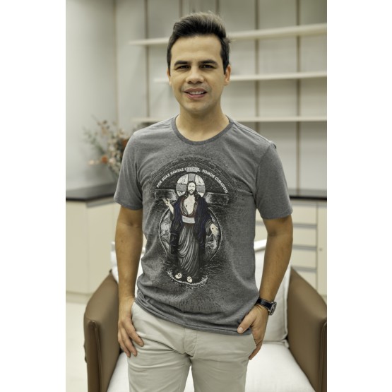 CAMISETA CINZA MESCLA - JESUS DAS SANTAS CHAGAS - GG