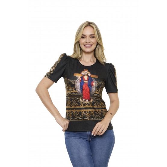 CAMISETA JESUS DAS SANTAS CHAGAS MANGA PRINCESA - PRETA - COM APLICAÇÃO DE STRASS - G3