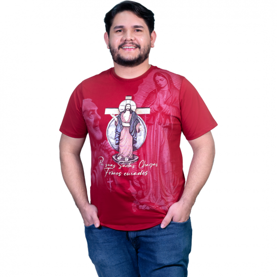 CAMISETA UNISSEX - JESUS DAS SANTAS CHAGAS - VERMELHA - PP