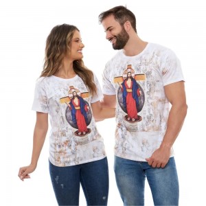 CAMISETA UNISSEX JESUS DAS SANTAS CHAGAS - ESTILIZADA BRANCA P