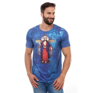 CAMISETA MASCULINA COM ORAÇÃO DE JESUS DAS SANTAS CHAGAS AZUL P