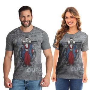 CAMISETA UNISSEX COM JACULATÓRIA DE JESUS DAS SANTAS CHAGAS CINZA P