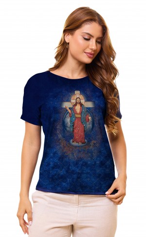CAMISETA MANGA JAPONESA COM STRASS - JESUS DAS SANTAS CHAGAS - AZUL - GG
