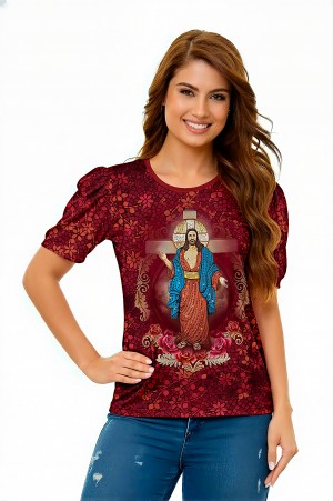 CAMISETA MANGA PRINCESA COM STRASS - JESUS DAS SANTAS CHAGAS - VERMELHA - GG