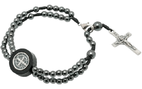 PULSEIRA TERÇO HEMATITA 4MM  C/CRUZ SÃO BENTO MINI PV C/FECHO 