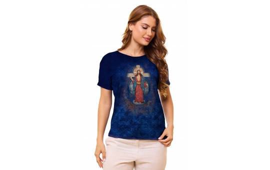 CAMISETA MANGA JAPONESA COM STRASS - JESUS DAS SANTAS CHAGAS - AZUL - G2
