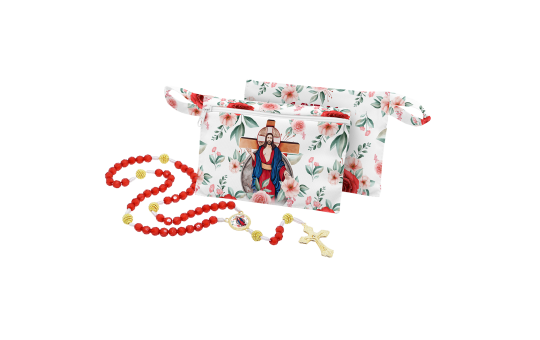 TERÇO JESUS DAS SANTAS CHAGAS COM BOLSINHA - VERMELHO