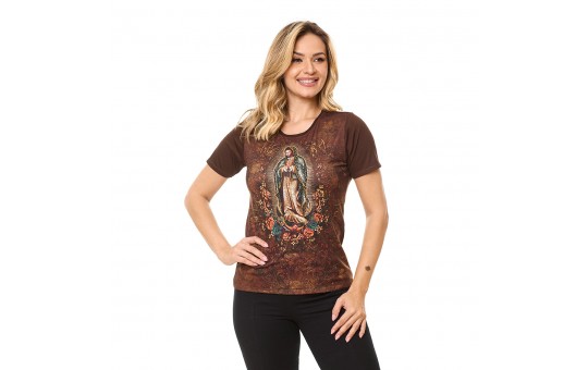 BABY LOOK MARROM - N.S DE GUADALUPE - GG (COM APLICAÇÕES DE PEDRAS)