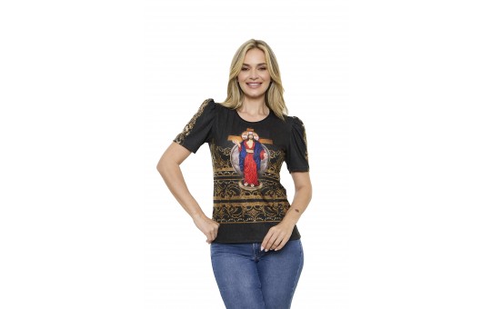 CAMISETA JESUS DAS SANTAS CHAGAS MANGA PRINCESA - PRETA - COM APLICAÇÃO DE STRASS - G1